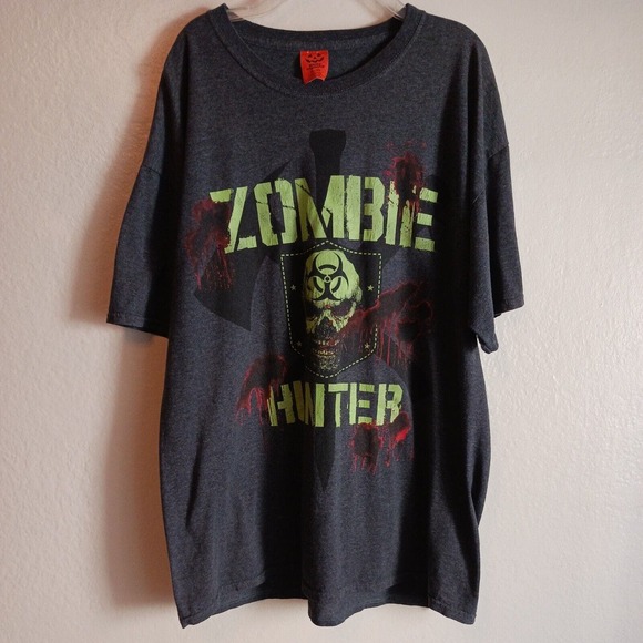 Zombie Hunter T-shirt Sz XL Dark Gray Skull Scary Short Sleeve Lime Green Letter - Picture 9 of 12